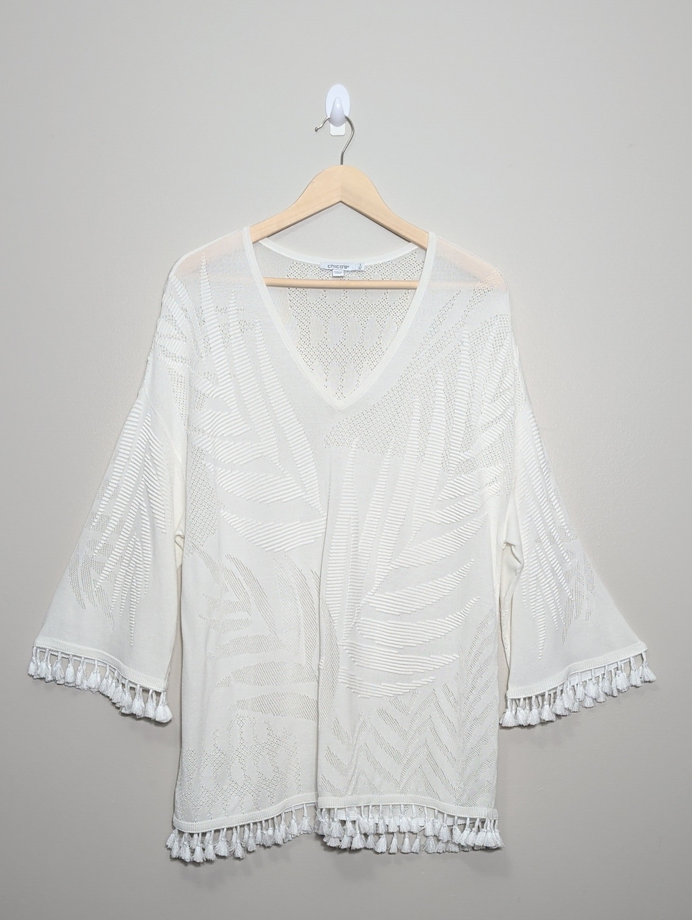 Chico's White Textured Knit Tassel Beach Cover-Up Tunic Boho Resort Size‎ 3 XL